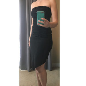 Asymmetric stretch black strapless cocktail dress